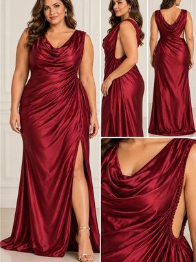 NWT Ever Pretty Burgundy Satin Side Cutout Evening Gown Size 16